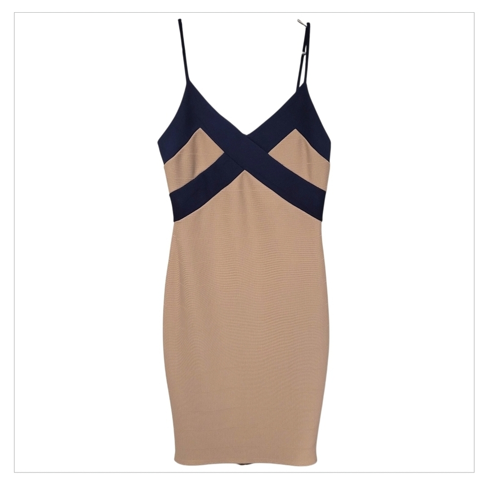 Olive Tree Navy Taupe Colorblock Bodycon Dress SM Criss Cross V Neck Date Nigh - Picture 2 of 6